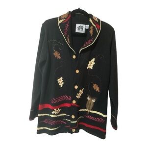 Storybook Knits Cardigan Sweater M Fall Owl Black Vintage HSN